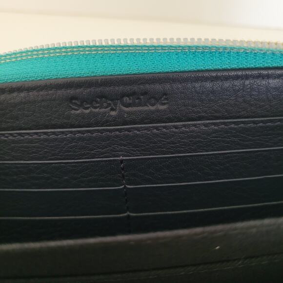 See By Chloe Suede Leather Long Wallet Teal Blue Zip Around Designer Clutch - Picture 5 of 9